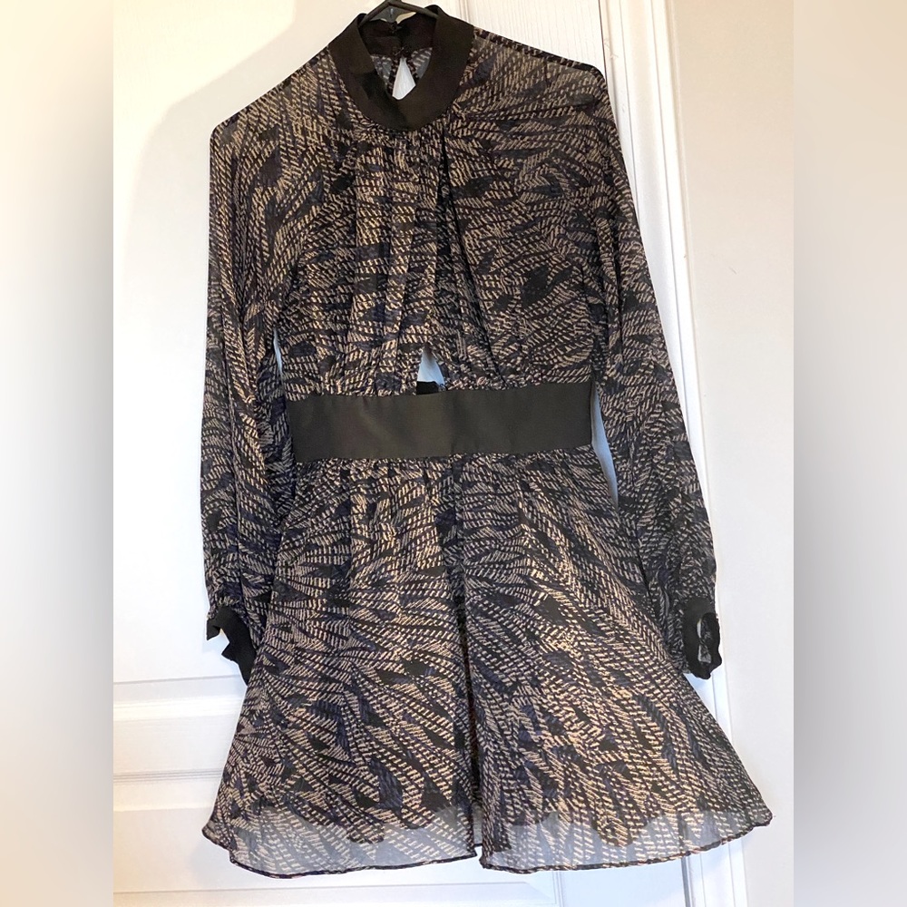 BCBGeneration sheer long sleeves ribbon trimmed keyhole skater style dress.